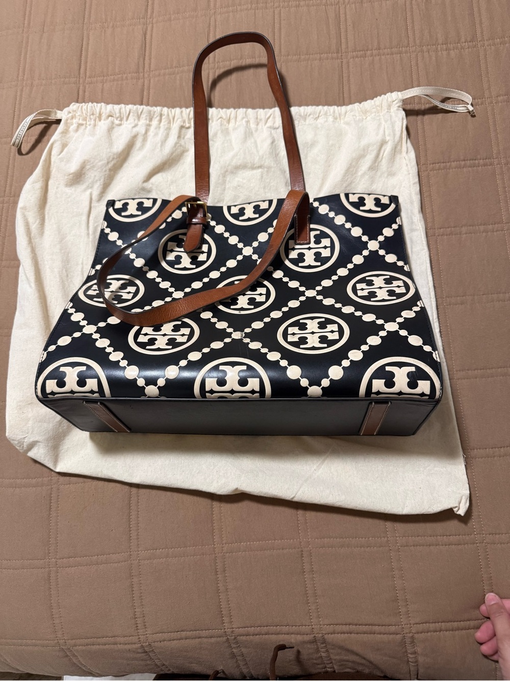 Tory Burch Cream and Black Logo Tote with Brown Straps - Picture 11 of 12